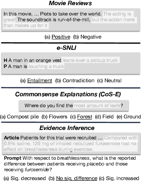 Figure 1 for ERASER: A Benchmark to Evaluate Rationalized NLP Models